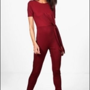 Tie Front Tailored Maroon Jumpsuit